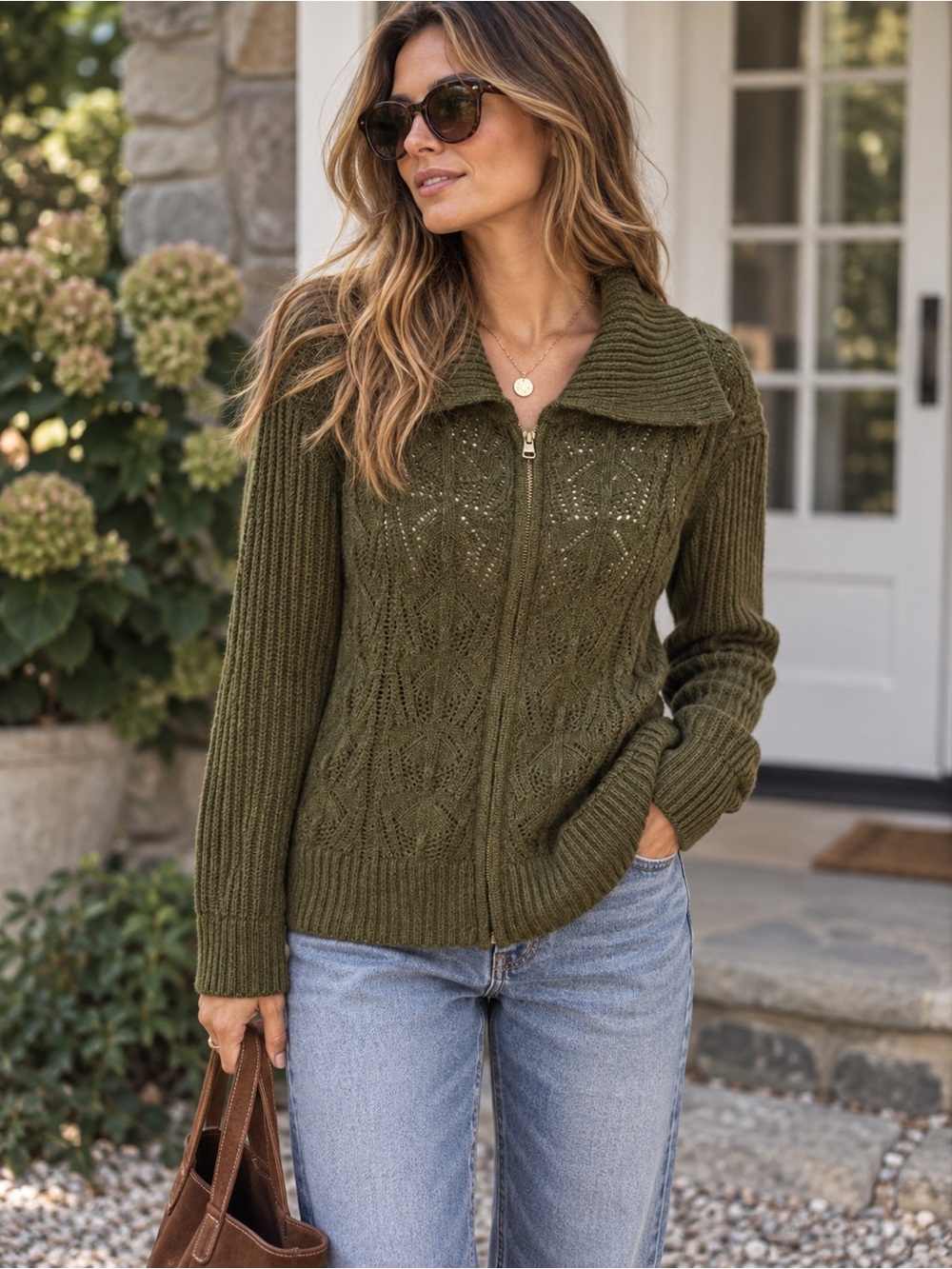 Talbots Olive Green Zip-Front Cable Knit Zip Cardigan